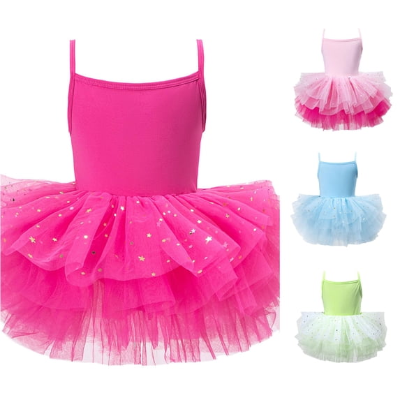 WAYUTE Girls' Dresses Strappy Leotard Dance Ballet Lace Tutu Dress with Bodice Design for Toddler Kids Solid Color Performance Outfit,Hot Pink