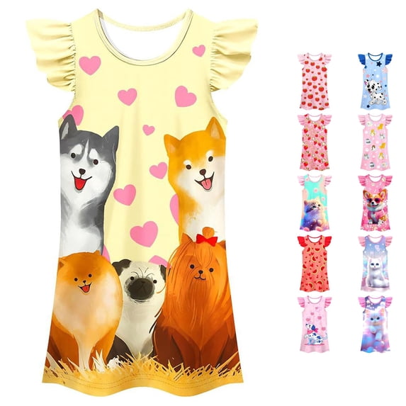 WAYUTE Girls' Dresses Summer Dresses Casual Cartoon Animal Print Sleeveless Play Dress for Toddler Kids Comfortable Loose Fit Nightdress,Blue