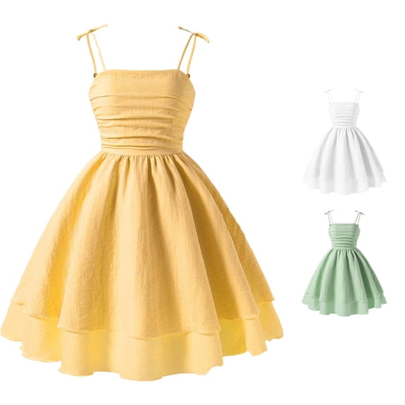 WAYUTE Girls Dresses Summer Sleeveless Strappy Solid Color High Waist Princess Dress with Bow Design for Kids Casual Outdoor Sundress,Yellow