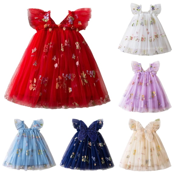 WAYUTE Girls' Dresses Toddler Sleeveless Floral Embroidered High Waisted Mesh Princess Dress with Wing Tie for Little Kids Party Birthday,Red