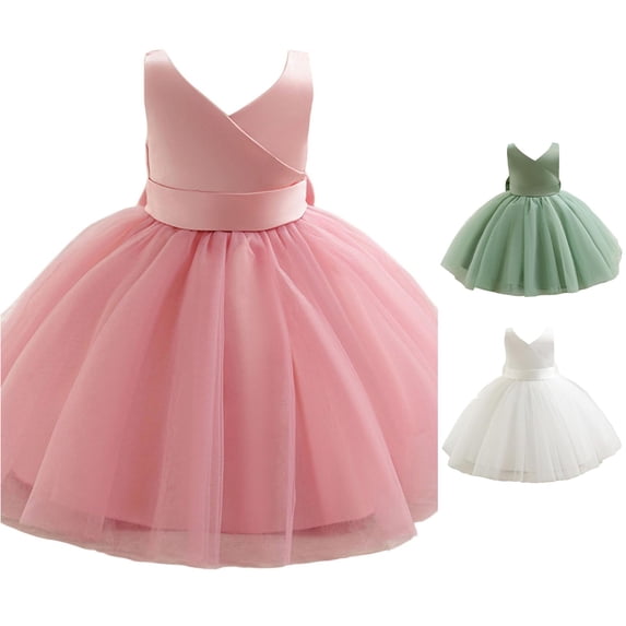 WAYUTE Girls Dresses V Neck Stretchy Waist Sleeveless Lace Birthday Princess Dress for Toddler Baby Solid Color Casual Party Outfit,Pink
