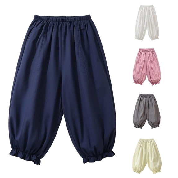 WAYUTE Girls Elastic Waist Bubble Balloon Capri Pants Ruffled Joggers Loose Hem School Kids Solid Color Trousers Casual Dailywear,Navy,Size 10 Y-11 Y