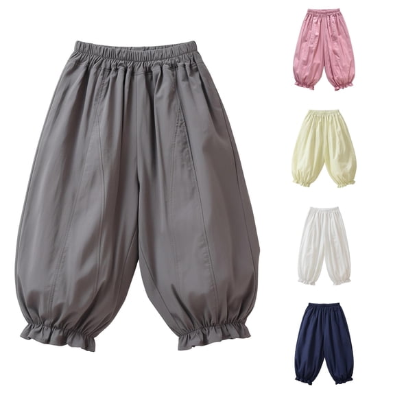 WAYUTE Girls Elastic Waist Bubble Balloon Capri Pants Ruffled Joggers Loose Hem School Kids Solid Color Trousers Casual Outdoor,Grey,Size 6 M-12 M