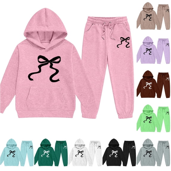 WAYUTE Girls Fall Outfits Bow Print Long Sleeve Hooded Sweatshirts and Pants for Kids Tween Loose Fashion 2 Piece Clothing Set Casual Daily Wear,Pink,Size 8-9 Y