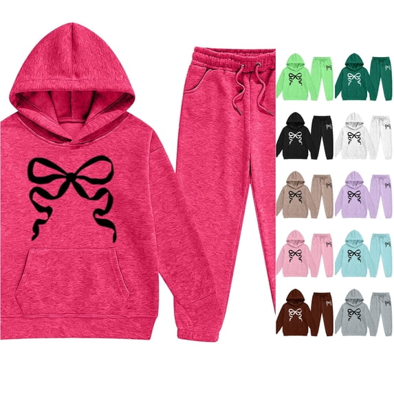 WAYUTE Girls Fall Outfits Bow knot Print Long Sleeve Front Pocket Hooded Sweatshirts and Pants for Kids Fashion Streetwear Clothing Set Casual Daily Wear,Hot Pink,Size 8-9 Y