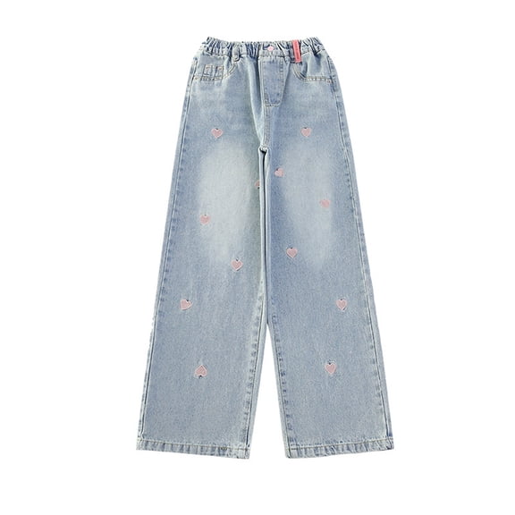 WAYUTE Girls Floral Embroidered Wide Leg Pants Fashion Trousers Light Wash Denim Jeans for Teen Casual Boho Retro Comfort Everyday Wear