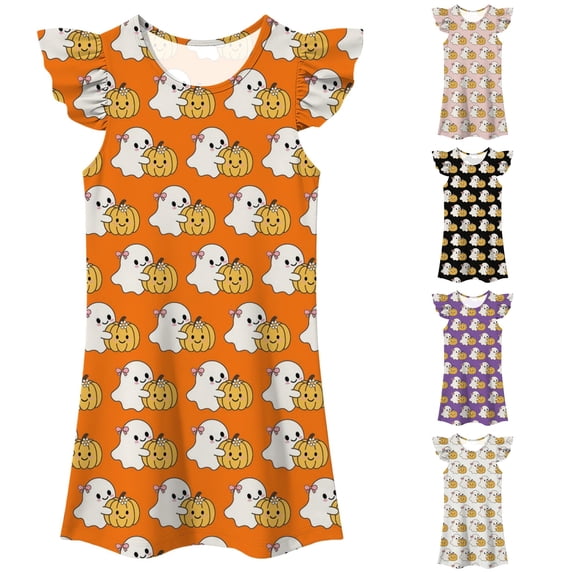 WAYUTE Girls Halloween Dress Round Neck Ruffle Flutter Sleeve Cute Ghost Pumpkin All Over Print A Line Short Dress Kids Party Casual Holiday,Orange,Size 3-4 Y