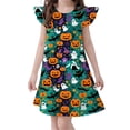 thumbnail image 1 of WAYUTE Girls Halloween Flutter Sleeve Dress Cartoon Pumpkin Print Soft Lightweight A Line Dress for Theme Party Casual Holiday,Dark Green,Size 5-6 Y, 1 of 4