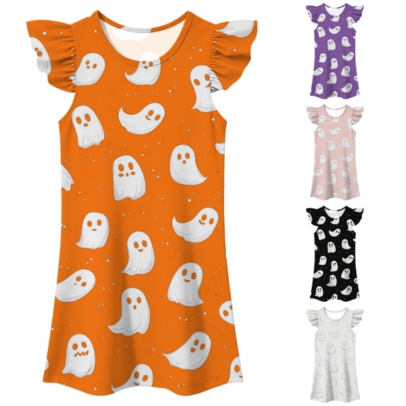 WAYUTE Girls Halloween Nightgown Dresses Round Neck Ruffle Flutter Sleeve Cute Ghost Pumpkin Print A Line Dress Kids Fashion Casual Outdoor,Orange,Size 6-7 Y