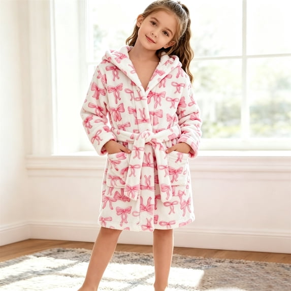WAYUTE Girls Hooded Bathrobe Soft Lined Plush Robe Cute Pink Bow All-Over Print Warm Cozy Kids Sleepwear Robe for Girls Casual Indoor