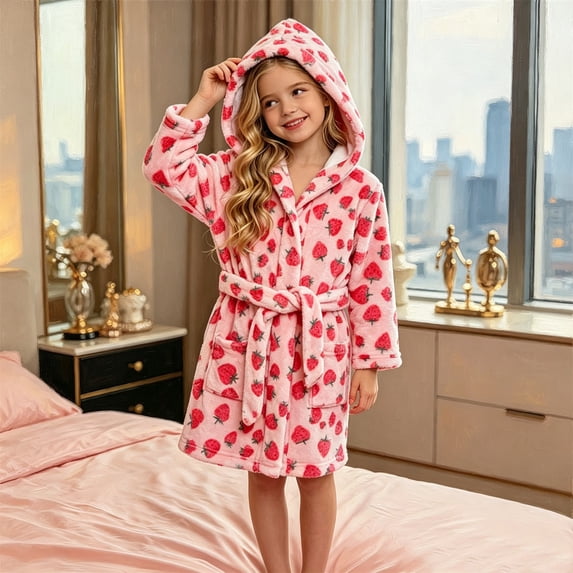 WAYUTE Girls Hooded Bathrobe Soft Lined Plush Robe Pink Strawberry All-Over Print Warm Cozy Kids Sleepwear Robe for Girls Casual Daily Wear