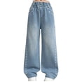 thumbnail image 1 of WAYUTE Girls Jeans Denim Pants Wide Leg Trousers with Side Heart Embroidery for Kids Youth Casual School Wear, 1 of 7