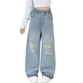 thumbnail image 1 of WAYUTE Girls Jeans Distressed with Rhinestone Details Straight Leg Denim Pants for Toddler Kids Fall Casual School Wear, 1 of 7