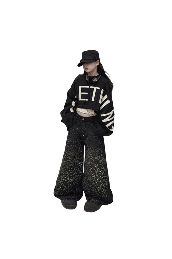 Girls Jeans Rhinestone Straight Leg Fashionable Streetwaer Wide Leg Pants Arrival High End Trousers Summer Outfits