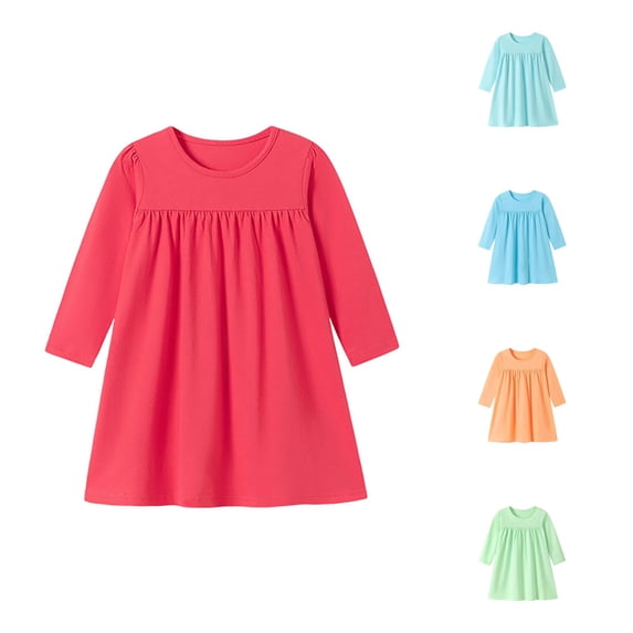 WAYUTE Girls Long Sleeve Shirt Dress Round Neck Front Gathered Pleats Loose Solid Color A Line Swing Dress for Toddler Girl Casual Holiday,Red,Size 5-6 Y