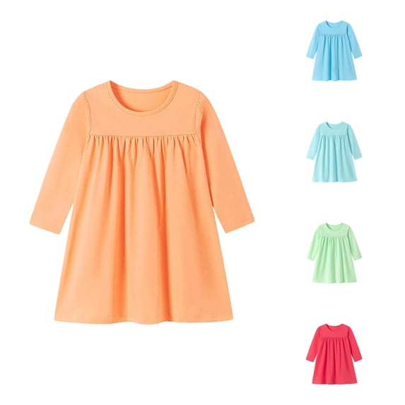 WAYUTE Girls Long Sleeve Shirt Dress Round Neck Front Gathered Pleats Loose Solid Color A Line Swing Dress for Toddler Girl Casual Outdoor,Orange,Size 2-3 Y