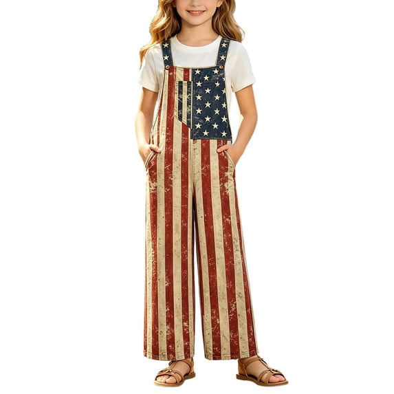 WAYUTE Girls Overalls 4th of July Patriotic Graphic Soft Wide Leg Jumpsuits with Pockets Independence Day Versatile Summer Outfits