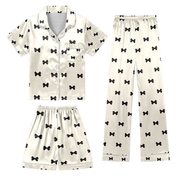 WAYUTE Girls Pajamas Fall 3 Piece Home Outfit Short Sleeve Notch Collared Button Down Shirts Shorts Pants Soft Breathable Cute Print Pajama Set Casual Indoor,White,Size 3 Y-4 Y