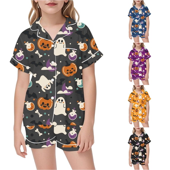 WAYUTE Girls Pajamas Halloween 2 Piece Notch Collared Short Sleeve Cartoon Printed Button Shirts and Shorts Toddler Kids Summer Clothes Set Pajama Set Casual Daily Wear,Dark Gray,Size 9 Y-10 Y