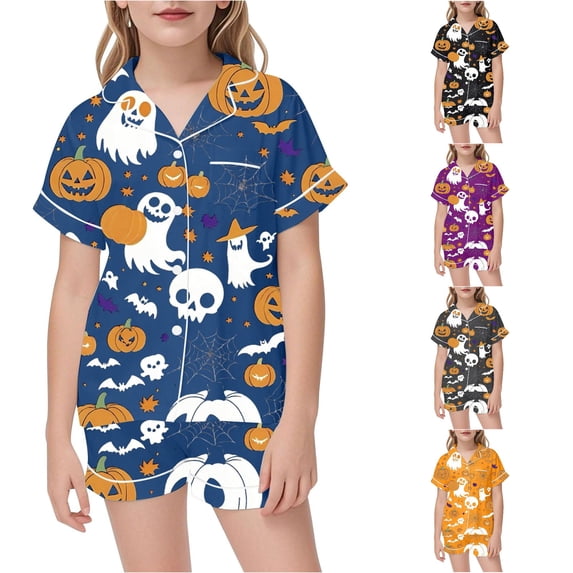 WAYUTE Girls Pajamas Halloween Short Sleeve Cartoon Printed Lapel Button Shirts and Elastic Waist Shorts Toddler Kids 2 Piece Outfits Set Loungewear Casual Indoor,Navy,Size 10 Y-11 Y