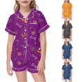 thumbnail image 1 of WAYUTE Girls Pajamas Halloween Short Sleeve Cartoon Printed Notch Collared Playwear Shorts Set Toddler Kids 2 Piece Summer Home Outfit Sleepwear Casual Daily Wear,Purple,Size 12 Y-13 Y, 1 of 4