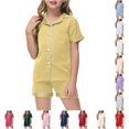 thumbnail image 1 of WAYUTE Girls Pajamas Ice Silk Home Outfit Kids Short Sleeve Button Down Classic Lapel Shirts and Shorts Solid 2 Piece Clothes Set Sleepwear Casual Daily Wear,Light Yellow,Size 6 Y-7 Y, 1 of 4