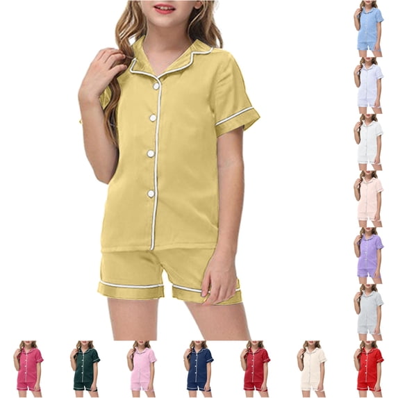 WAYUTE Girls Pajamas Ice Silk Home Outfit Kids Short Sleeve Button Down Classic Lapel Shirts and Shorts Solid 2 Piece Clothes Set Sleepwear Casual Daily Wear,Light Yellow,Size 6 Y-7 Y