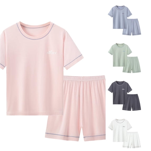 WAYUTE Girls Pajamas Kids 2 Piece Soft Short Sleeve Quick Drying Crew Neck T Shirt Top and Shorts Solid Color Loose Home Outfit Loungewear Casual Indoor,Light Pink,Size 8 Y-9 Y