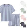 thumbnail image 1 of WAYUTE Girls Pajamas Kids 2 Piece Soft Short Sleeve Quick Drying Crew Neck T Shirt Top and Shorts Solid Color Loose Home Outfit Nightwear Casual Daily Wear,Navy,Size 11 Y-12 Y, 1 of 3