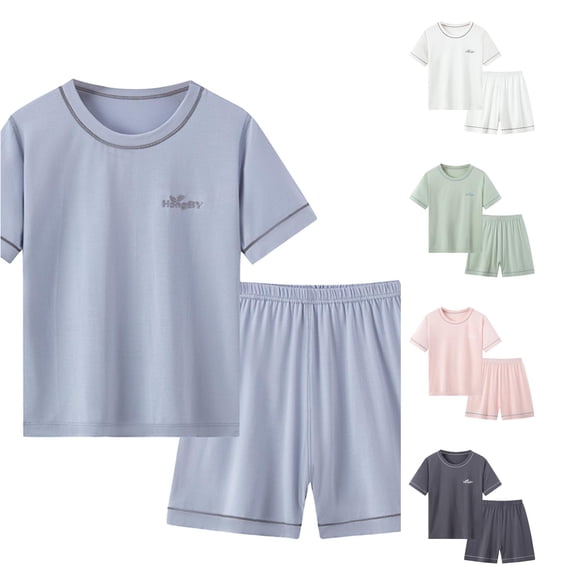 WAYUTE Girls Pajamas Kids 2 Piece Soft Short Sleeve Quick Drying Crew Neck T Shirt Top and Shorts Solid Color Loose Home Outfit Nightwear Casual Daily Wear,Navy,Size 11 Y-12 Y