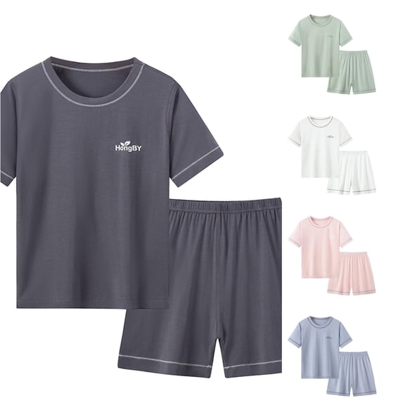 WAYUTE Girls Pajamas Kids 2 Piece Soft Short Sleeve Quick Drying Crew Neck T Shirt Top and Shorts Solid Color Loose Home Outfit Sleepwear Casual Daily Wear,Grey,Size 3 Y-4 Y