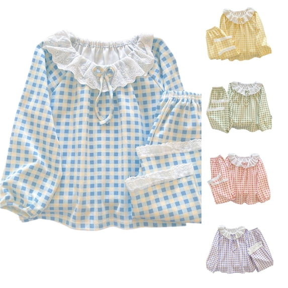 WAYUTE Girls Pajamas for Kids Heart Print Lace Square Neck Ruffle Long Sleeve Top and Pants Soft Fall 2 Piece Home Outfit Loungewear Casual Indoor,Blue,Size 4 Y-5 Y