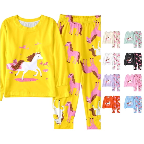 WAYUTE Girls Pajamas Long Sleeve Cartoon Print Crew Neck Top and Jogger Pants for Toddler Kids Soft Pjs Set Loose Fit Cute Pajama Set Casual Daily Wear,Yellow,Size 9 Y-10 Y