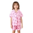 thumbnail image 1 of WAYUTE Girls Pajamas Satin Silk Notch Collared Bow Printed Button Short Sleeve Shorts Set for Kids Soft Summer 2 Piece Home Outfit Pajama Set Casual Daily Wear,Pink,Size 10 Y-11 Y, 1 of 3