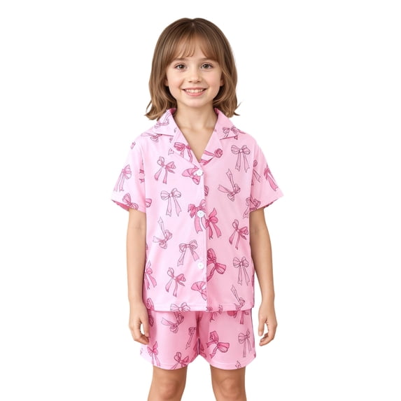 WAYUTE Girls Pajamas Satin Silk Notch Collared Bow Printed Button Short Sleeve Shorts Set for Kids Soft Summer 2 Piece Home Outfit Pajama Set Casual Daily Wear,Pink,Size 10 Y-11 Y
