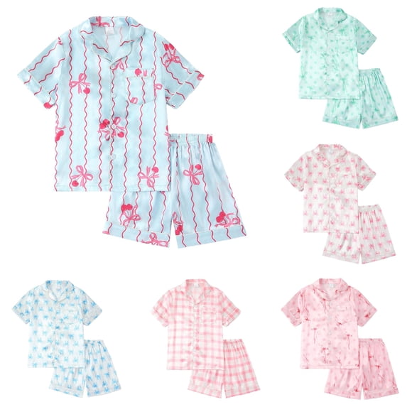 WAYUTE Girls Pajamas Satin Silk Short Sleeve Cute Print Buttons Shirts and Shorts for Toddler Girl Outfit Soft Pjs Set Pajama Set Casual Daily Wear,Light Blue2,Size 7 Y-8 Y