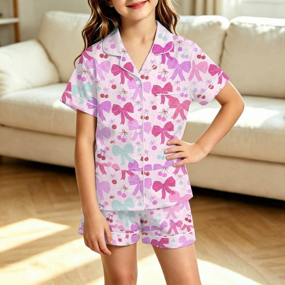 WAYUTE Girls Pajamas Short Sleeve Bow Graphic Tee and Shorts Pjs Set Loungewear for Toddler Kids Soft Nightwear Casual Indoor