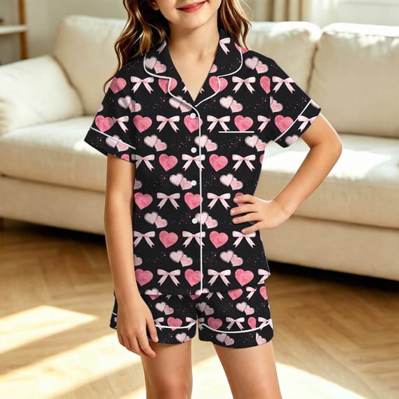 WAYUTE Girls Pajamas Short Sleeve Heart Bow Graphic Tee and Shorts Pjs Set Loungewear for Toddler Kids Soft Nightwear Casual Indoor