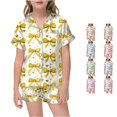 thumbnail image 1 of WAYUTE Girls Pajamas Silk Satin Cute Bow Print 2 Piece Button Up Short Sleeve Shirts Top and Shorts Sets for Kids Lightweight Soft Nightwear Casual Daily Wear,Yellow,Size 2 Y-3 Y, 1 of 4