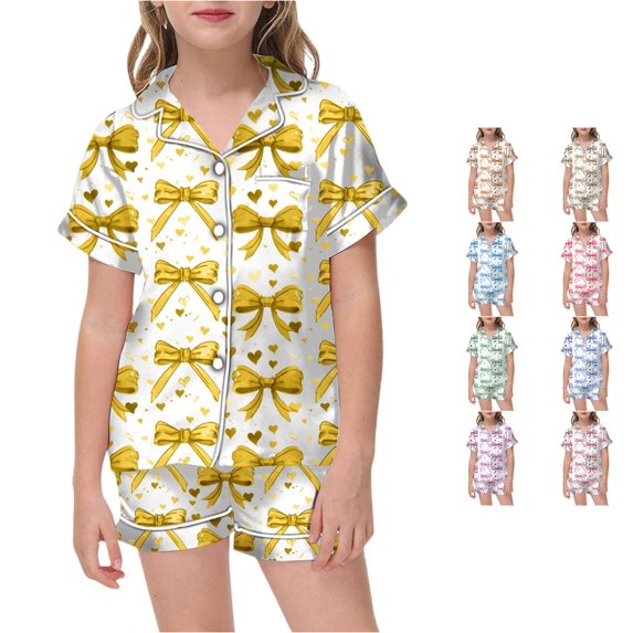 WAYUTE Girls Pajamas Silk Satin Cute Bow Print 2 Piece Button Up Short Sleeve Shirts Top and Shorts Sets for Kids Lightweight Soft Nightwear Casual Daily Wear,Yellow,Size 2 Y-3 Y