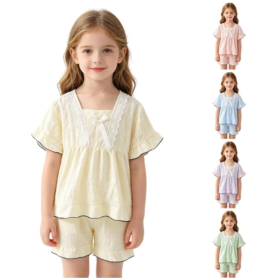 WAYUTE Girls Pajamas Summer 2 Piece Ruffle Lace Square Neck Long Sleeve Top and Pants for Toddler Kids Solid Color Home Outfit Loungewear Casual Indoor,Yellow,Size 3 Y-4 Y