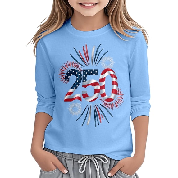 WAYUTE Girls Patriotic 4th Of July Graphic Tee Three Quarter Sleeve Shirts for Kids Youth Comfort Fit Casual Outdoor
