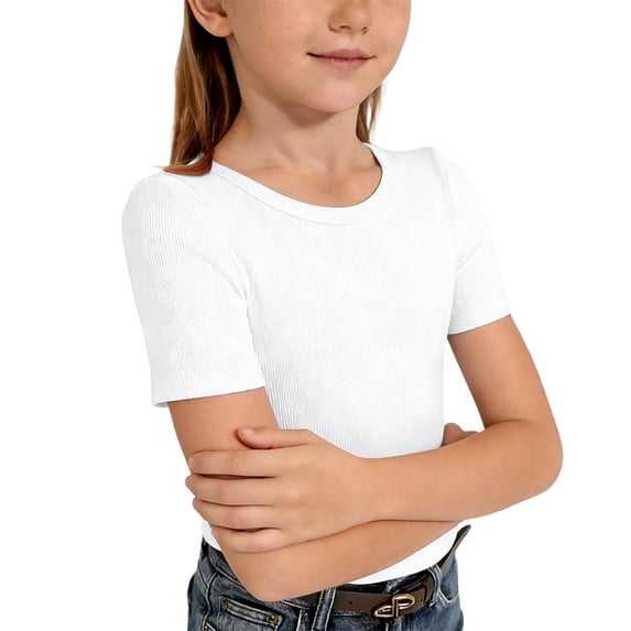 WAYUTE Girls Ribbed Knit Short Sleeve Crewneck Tee Soft Basic Top for Toddler Kids Comfort Fit Casual Outdoor