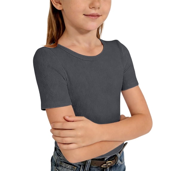 WAYUTE Girls Ribbed Knit Short Sleeve Crewneck Tee Soft Basic Top for Toddler Kids Versatile Summer Daily Wear