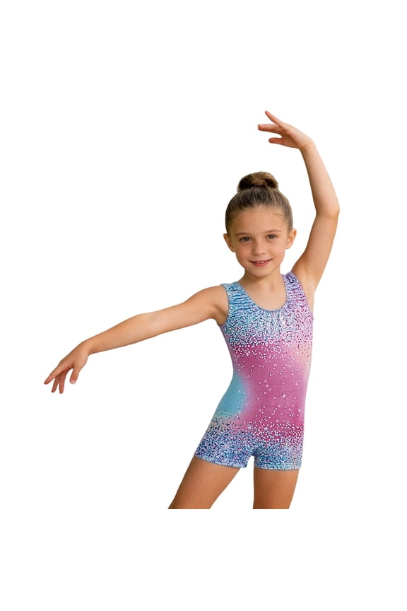 Girls Romper U Neck Sleeveless Stretchy Fit Tie Dye Shiny Seamless Athletic Dance Leotard for Toddler Kids Casual Dailywear