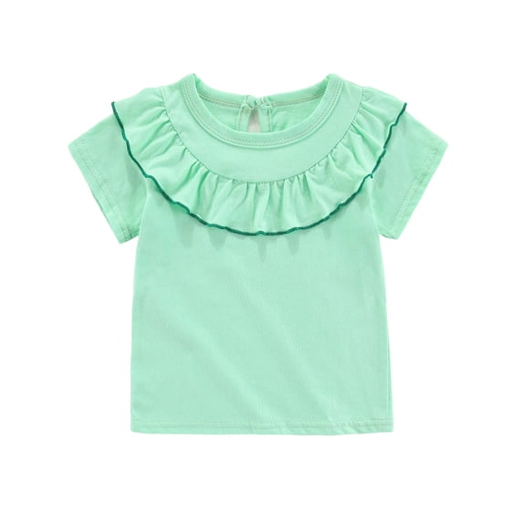 WAYUTE Girls Ruffle Hem Tee Shirt Round Neck Solid Color Buckle Blouse Top for Toddler Kids Lightweight Summer Daily Wear
