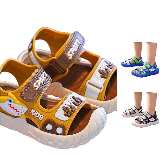 WAYUTE Girls' Sandals Hook and Loop Straps Soft Sole Slip On Kids Beach Sandals with Cartoon Dinosaur Design Non Slip Water Shoes,Yellow,4.5 Y-5 Y