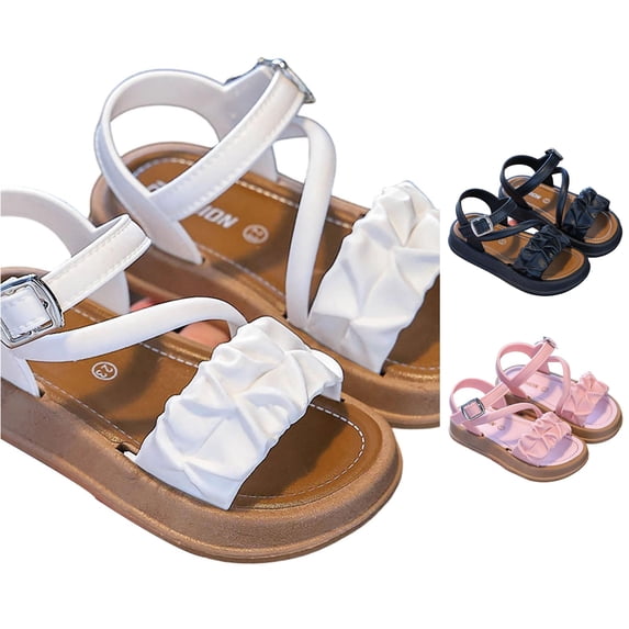 WAYUTE Girls' Sandals Ruched Strap Adjustable Buckle Ankle Strap Open Toe Non Casual Summer Beach Shoes for Child Kids,White,6 Y-7 Y