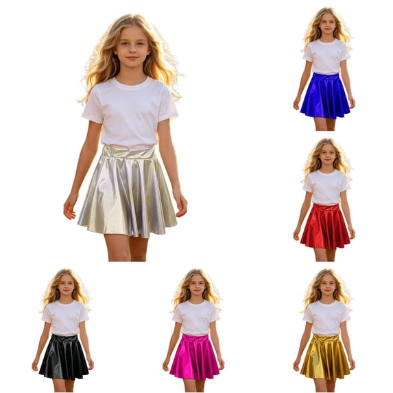 WAYUTE Girls Satin Skater Skirt Elastic Waist Shiny Pleated Mini Skirt for Kids Back to School Performance Casual Daily,Silver,S