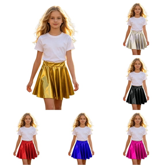 WAYUTE Girls Satin Skater Skirt Elastic Waist Shiny Pleated Mini Skirt for Kids Back to School Performance Casual Outdoor,Gold,L